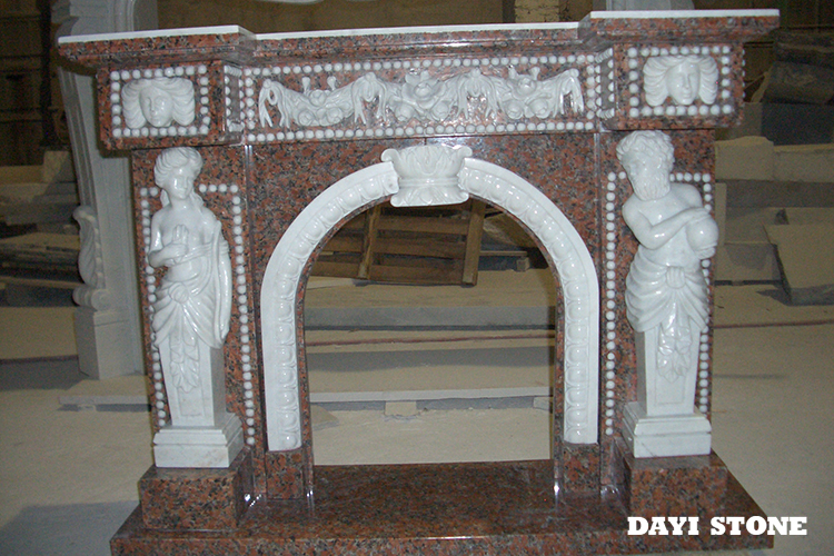 Natural Stone Fireplace Red Granite & White Marble Flower carved - Dayi Stone